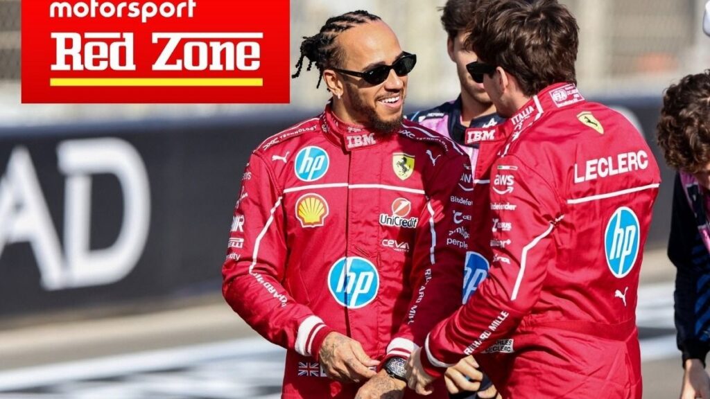 Логотип Ferrari та пілоти Льюїс Гамільтон і Шарль Леклер